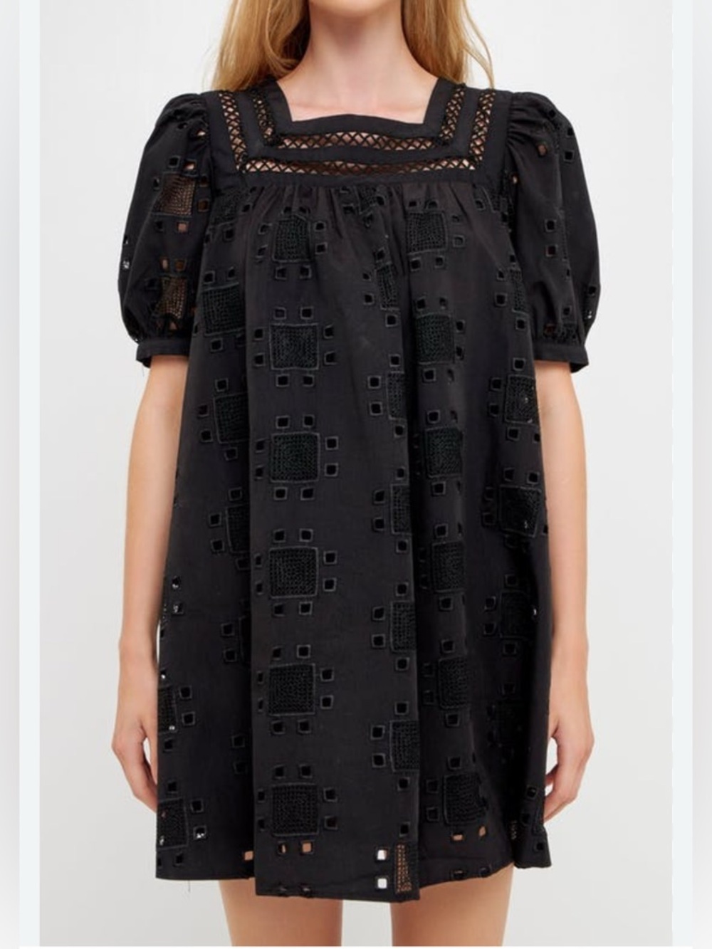 English Factory Black Geometric Eyelet Puff Sleeve Mini Dress Size M EUC - Picture 2 of 10